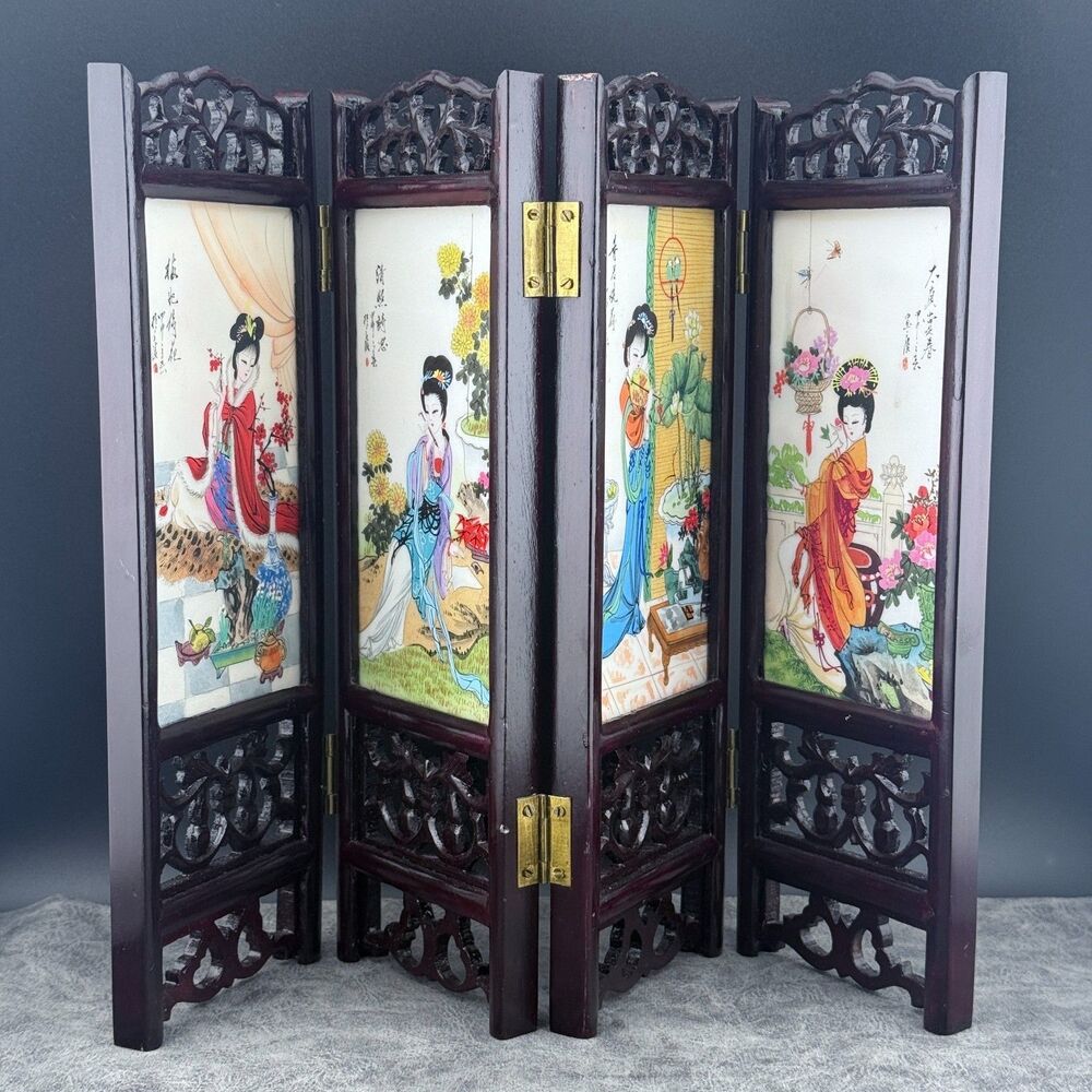 Vintage 2-Sided Hand Painted Marble Articles 4-panel Table Screen China Flowers